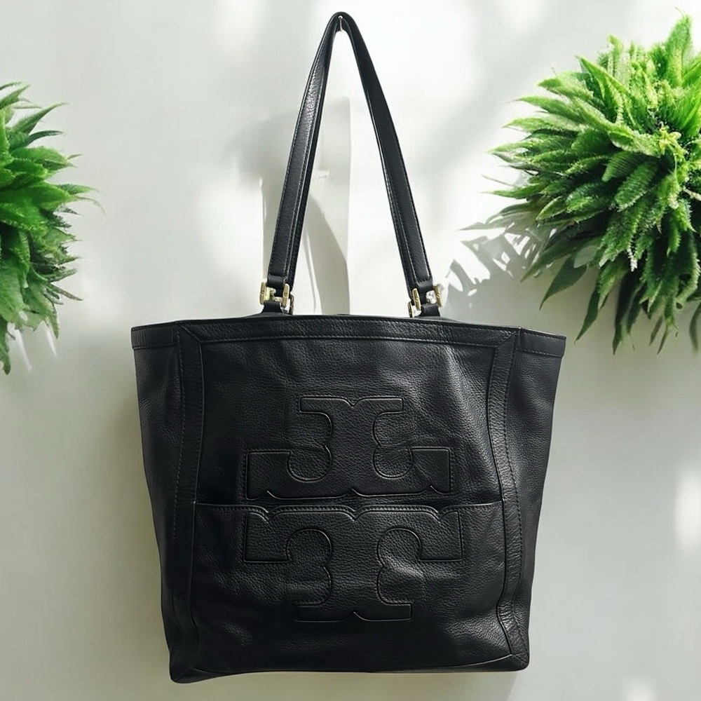 Tory Burch Jessica Tote Large Pebbled Leather Black Gold Hardware